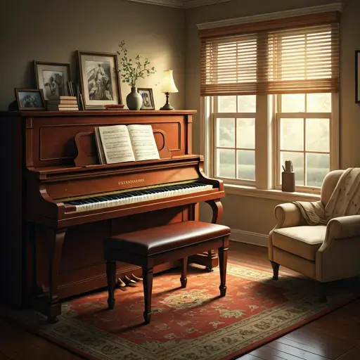A bright, sunlit home music room with a mahogany piano