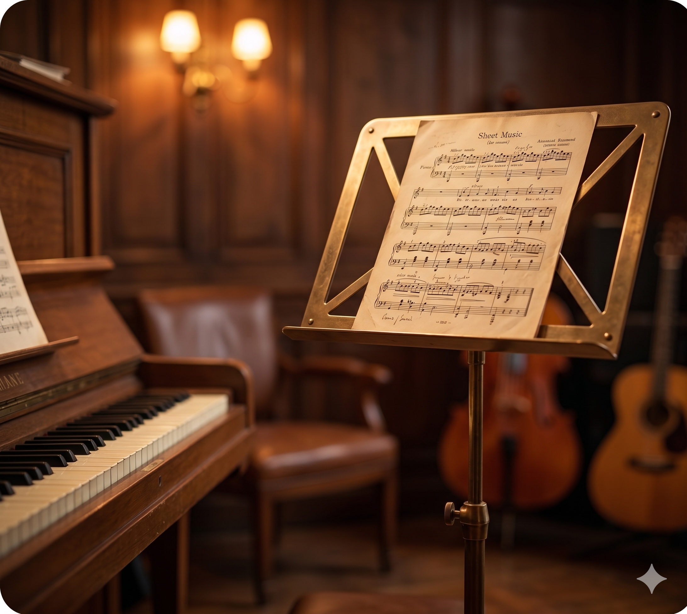 A comfortable practice room with a music stand