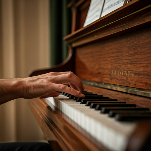 Hands gently playing a classic upright piano